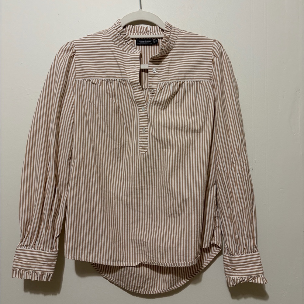 Vineyard Vines Cotton Cream and Tan Striped Ruffle Henley